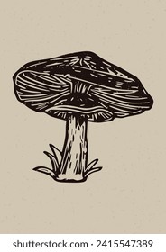 Handmade linocut mushroom vector motif clipart in folkart scandi style. Simple monochrome block print fungi shapes with woodcut paper texture effect. 