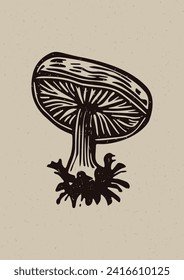 Handmade linocut mushroom vector motif clipart in folkart scandi style. Simple monochrome block print fungi shapes with woodcut paper texture effect. 