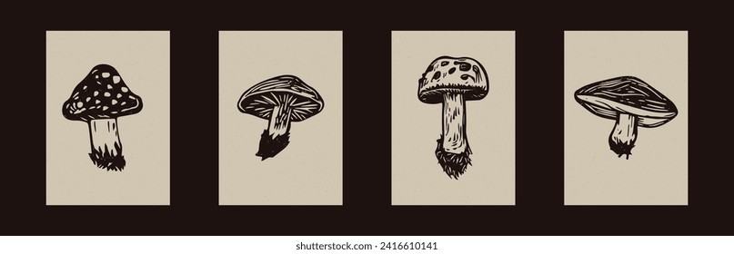 Handmade linocut mushroom vector motif clipart in folkart scandi style. Set of simple monochrome block print shapes with woodcut paper texture effect.