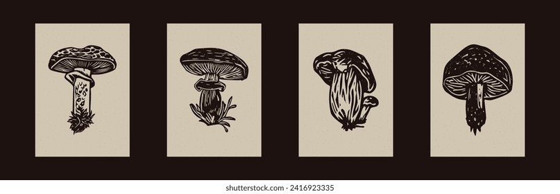 Handmade linocut mushroom vector motif clipart in folkart scandi style. Set of simple monochrome block print shapes with woodcut paper texture effect.