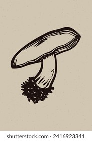 Handmade linocut mushroom vector motif clipart in folkart scandi style. Simple monochrome block print fungi shapes with woodcut paper texture effect. 