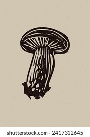 Handmade linocut mushroom vector motif clipart in folkart scandi style. Simple monochrome block print fungi shapes with woodcut paper texture effect. 