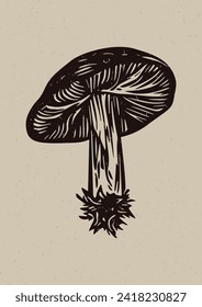 Handmade linocut mushroom vector motif clipart in folkart scandi style. Simple monochrome block print fungi shapes with woodcut paper texture effect. 