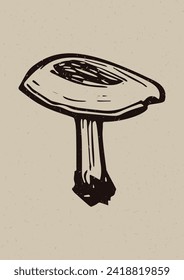 Handmade linocut mushroom vector motif clipart in folkart scandi style. Simple monochrome block print fungi shapes with woodcut paper texture effect. 