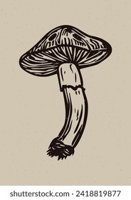 Handmade linocut mushroom vector motif clipart in folkart scandi style. Simple monochrome block print fungi shapes with woodcut paper texture effect. 