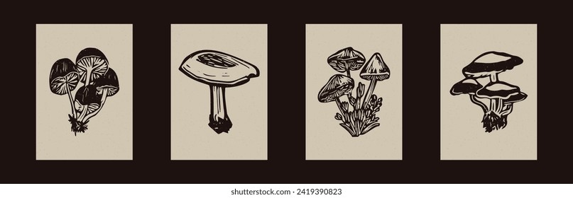 Handmade linocut mushroom vector motif clipart in folkart scandi style. Set of simple monochrome block print shapes with woodcut paper texture effect.