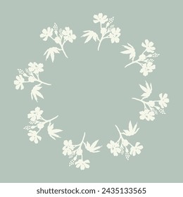 Handmade linocut organic pressed floral vector wreath in whimsical scandi style. Folkart natural woodland frame with woodcut effect for digital monochrome artwork. 