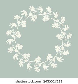 Handmade linocut organic pressed floral vector wreath in whimsical scandi style. Folkart natural woodland frame with woodcut effect for digital monochrome artwork. 