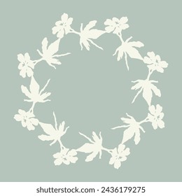 Handmade linocut organic pressed floral vector wreath in whimsical scandi style. Folkart natural woodland frame with woodcut effect for digital monochrome artwork. 