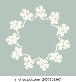 Handmade linocut organic pressed floral vector wreath in whimsical scandi style. Folkart natural woodland frame with woodcut effect for digital monochrome artwork. 