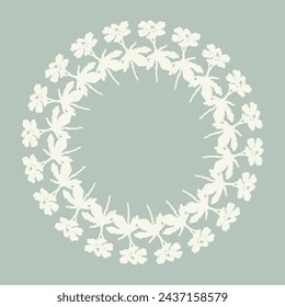 Handmade linocut organic pressed floral vector wreath in whimsical scandi style. Folkart natural woodland frame with woodcut effect for digital monochrome artwork. 