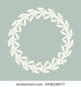 Handmade linocut organic pressed floral vector wreath in whimsical scandi style. Folkart natural woodland frame with woodcut effect for digital monochrome artwork. 