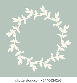 Handmade linocut organic pressed floral vector wreath in whimsical scandi style. Folkart natural woodland frame with woodcut effect for digital monochrome artwork. 