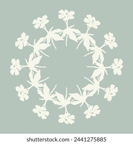 Handmade linocut organic pressed floral vector wreath in whimsical scandi style. Folkart natural woodland frame with woodcut effect for digital monochrome artwork. 