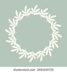 Handmade linocut organic pressed floral vector wreath in whimsical scandi style. Folkart natural woodland frame with woodcut effect for digital monochrome artwork. 