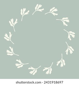 Handmade linocut organic vector wreath in whimsical scandi style. Folkart natural woodland frame with woodcut effect for digital monochrome artwork. 