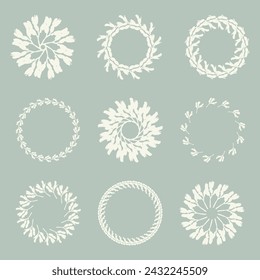 Handmade linocut organic vector wreath in whimsical scandi style. Folkart natural woodland frame with woodcut effect for digital monochrome artwork. 