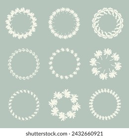 Handmade linocut organic vector wreath in whimsical scandi style. Folkart natural woodland frame with woodcut effect for digital monochrome artwork. 