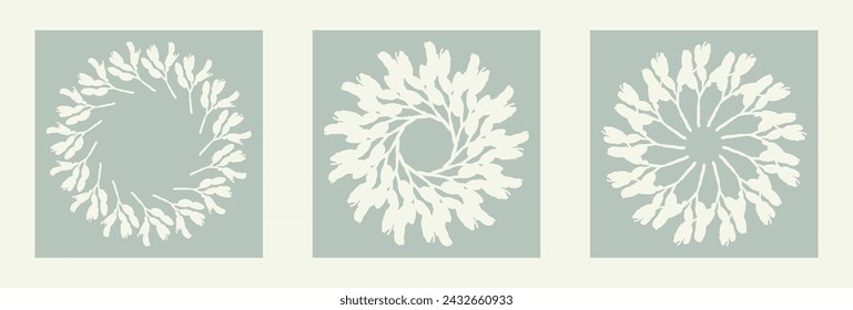 Handmade linocut organic vector wreath set in whimsical scandi style. Folkart natural woodland frame with woodcut effect for digital monochrome collection. 