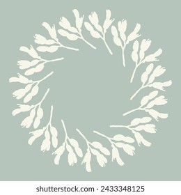 Handmade linocut organic vector wreath in whimsical scandi style. Folkart natural woodland frame with woodcut effect for digital monochrome artwork. 