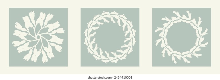 Handmade linocut organic vector wreath set in whimsical scandi style. Folkart natural woodland frame with woodcut effect for digital monochrome collection. 