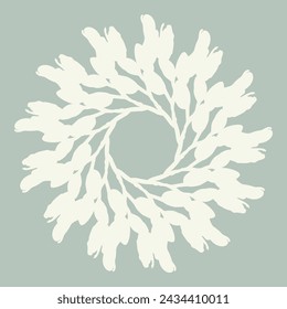 Handmade linocut organic vector wreath in whimsical scandi style. Folkart natural woodland frame with woodcut effect for digital monochrome artwork. 