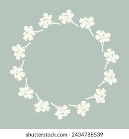 Handmade linocut organic vector wreath in whimsical scandi style. Folkart natural woodland frame with woodcut effect for digital monochrome artwork. 