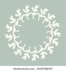 Handmade linocut organic vector wreath in whimsical scandi style. Folkart natural woodland frame with woodcut effect for digital monochrome artwork. 