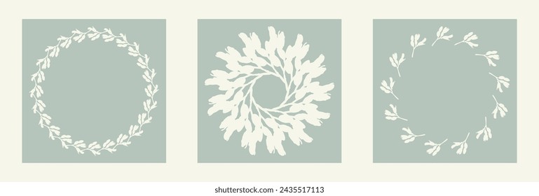 Handmade linocut organic vector wreath set in whimsical scandi style. Folkart natural woodland frame with woodcut effect for digital monochrome collection. 