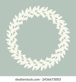 Handmade linocut organic vector wreath in whimsical scandi style. Folkart natural woodland frame with woodcut effect for digital monochrome artwork. 