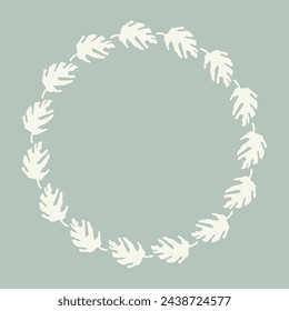 Handmade linocut organic vector wreath in whimsical scandi style. Folkart natural woodland frame with woodcut effect for digital monochrome artwork. 