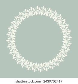 Handmade linocut organic vector wreath in whimsical scandi style. Folkart natural woodland frame with woodcut effect for digital monochrome artwork. 