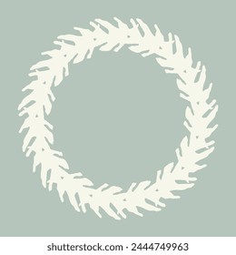 Handmade linocut organic vector wreath in whimsical scandi style. Folkart natural woodland frame with woodcut effect for digital monochrome artwork. 