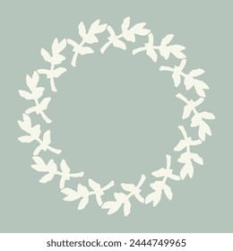 Handmade linocut organic vector wreath in whimsical scandi style. Folkart natural woodland frame with woodcut effect for digital monochrome artwork. 