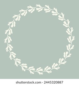 Handmade linocut organic vector wreath in whimsical scandi style. Folkart natural woodland frame with woodcut effect for digital monochrome artwork. 