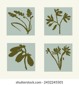 Handmade linocut pressed floral set vector motif clipart in whimsical scandi style. Folkart simple block print sprig shapes with woodcut effect collection.