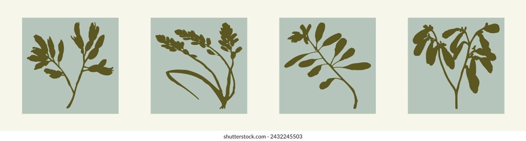 Handmade linocut pressed floral set vector motif clipart in whimsical scandi style. Folkart simple block print sprig shapes with woodcut effect collection.