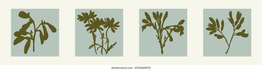 Handmade linocut pressed floral set vector motif clipart in whimsical scandi style. Folkart simple block print sprig shapes with woodcut effect collection.