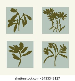 Handmade linocut pressed floral set vector motif clipart in whimsical scandi style. Folkart simple block print sprig shapes with woodcut effect collection.