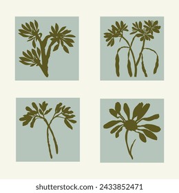 Handmade linocut pressed floral set vector motif clipart in whimsical scandi style. Folkart simple block print sprig shapes with woodcut effect collection.