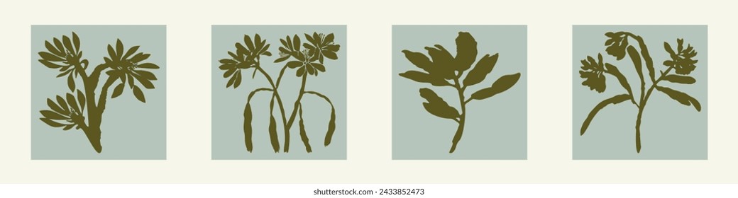 Handmade linocut pressed floral set vector motif clipart in whimsical scandi style. Folkart simple block print sprig shapes with woodcut effect collection.