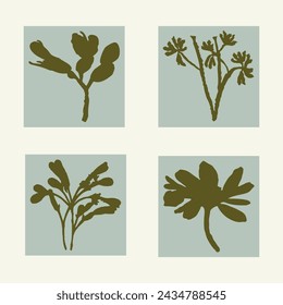 Handmade linocut pressed floral set vector motif clipart in whimsical scandi style. Folkart simple block print sprig shapes with woodcut effect collection.