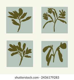 Handmade linocut pressed floral set vector motif clipart in whimsical scandi style. Folkart simple block print sprig shapes with woodcut effect collection.