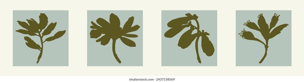 Handmade linocut pressed floral set vector motif clipart in whimsical scandi style. Folkart simple block print sprig shapes with woodcut effect collection.