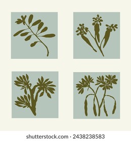 Handmade linocut pressed floral set vector motif clipart in whimsical scandi style. Folkart simple block print sprig shapes with woodcut effect collection.