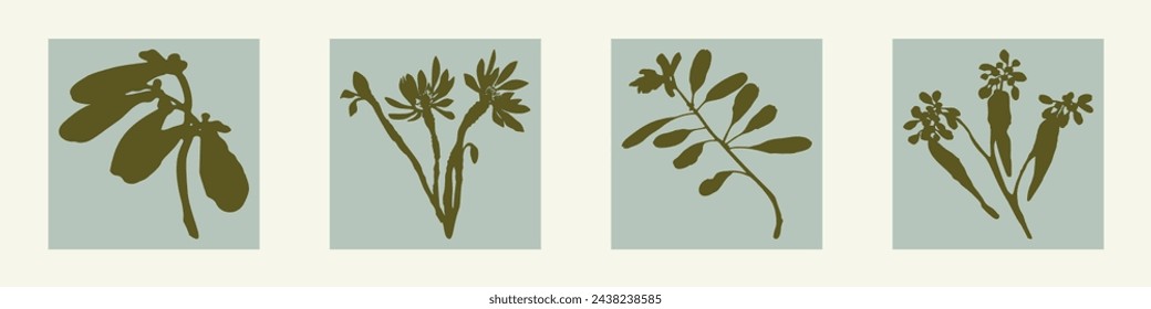 Handmade linocut pressed floral set vector motif clipart in whimsical scandi style. Folkart simple block print sprig shapes with woodcut effect collection.