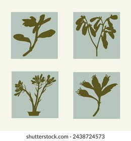 Handmade linocut pressed floral set vector motif clipart in whimsical scandi style. Folkart simple block print sprig shapes with woodcut effect collection.