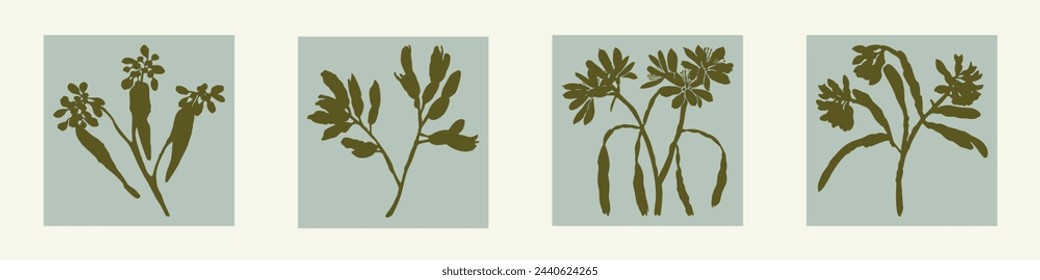 Handmade linocut pressed floral set vector motif clipart in whimsical scandi style. Folkart simple block print sprig shapes with woodcut effect collection.