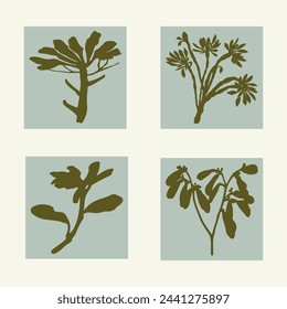 Handmade linocut pressed floral set vector motif clipart in whimsical scandi style. Folkart simple block print sprig shapes with woodcut effect collection.