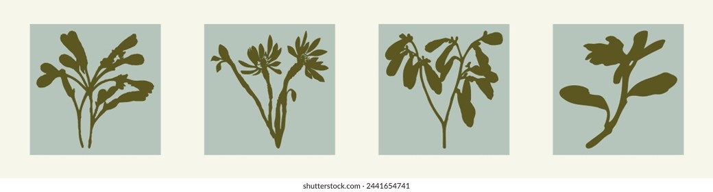 Handmade linocut pressed floral set vector motif clipart in whimsical scandi style. Folkart simple block print sprig shapes with woodcut effect collection.